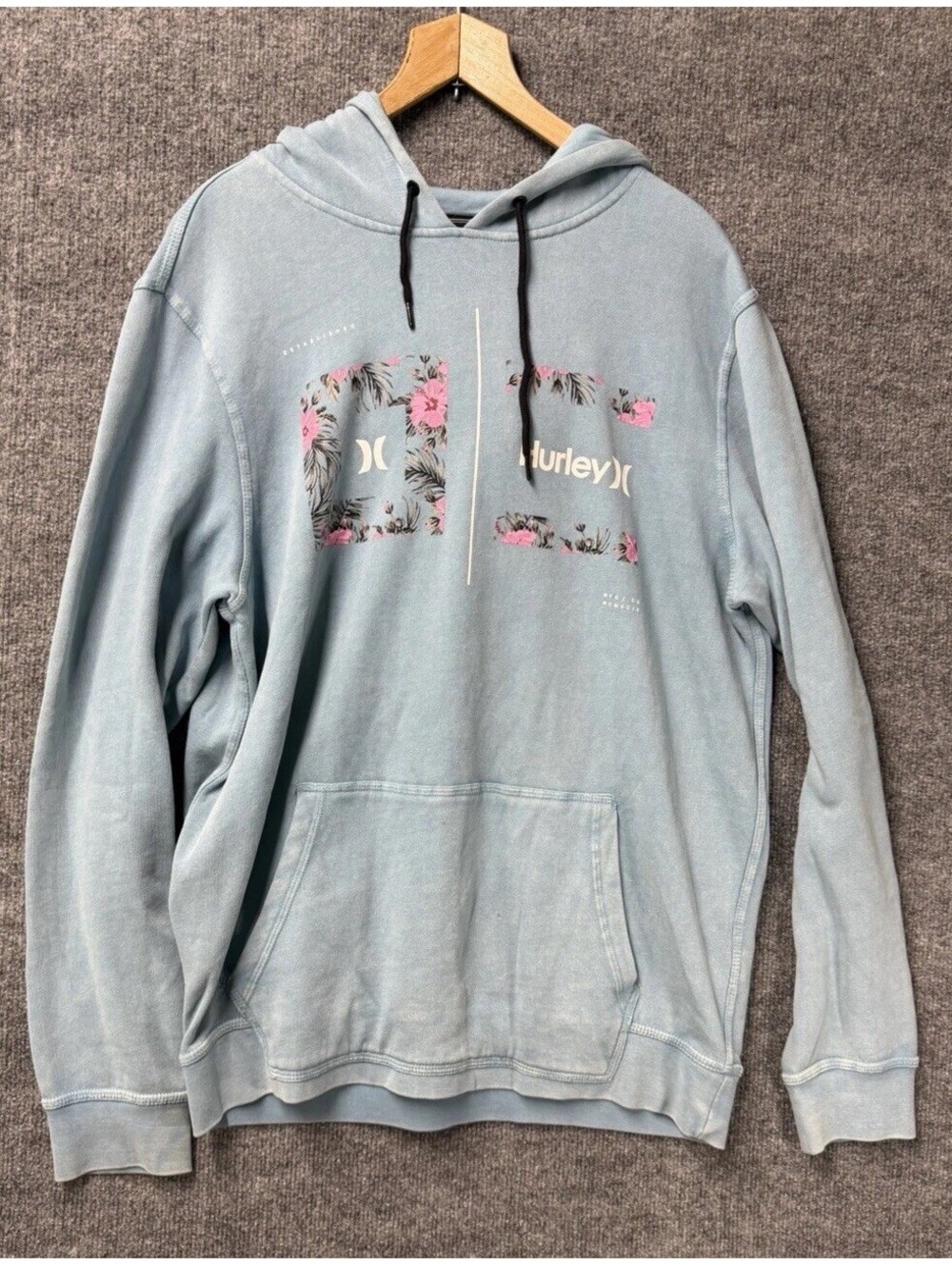 Hurley Floral Logo Hoodie Men’s L Light Blue Soft Fleece See Pics 👀🔥